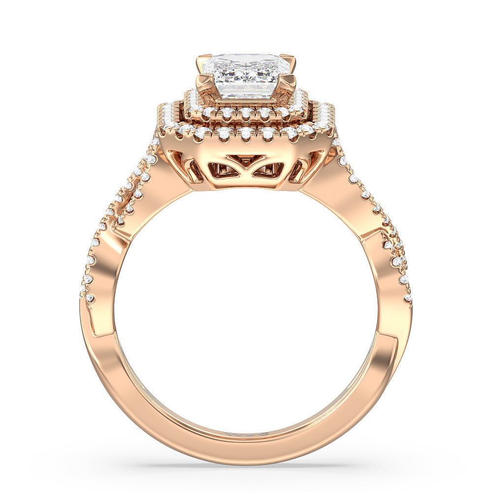Double Halo Cross Engagement Ring with Emerald Cut Diamond in 14KT Rose Gold view 2
