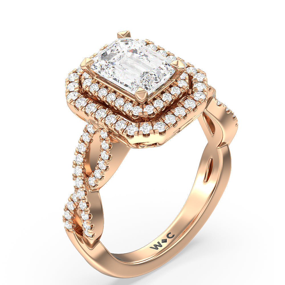 Double Halo Cross Engagement Ring with Emerald Cut Diamond in 14KT Rose Gold view 3
