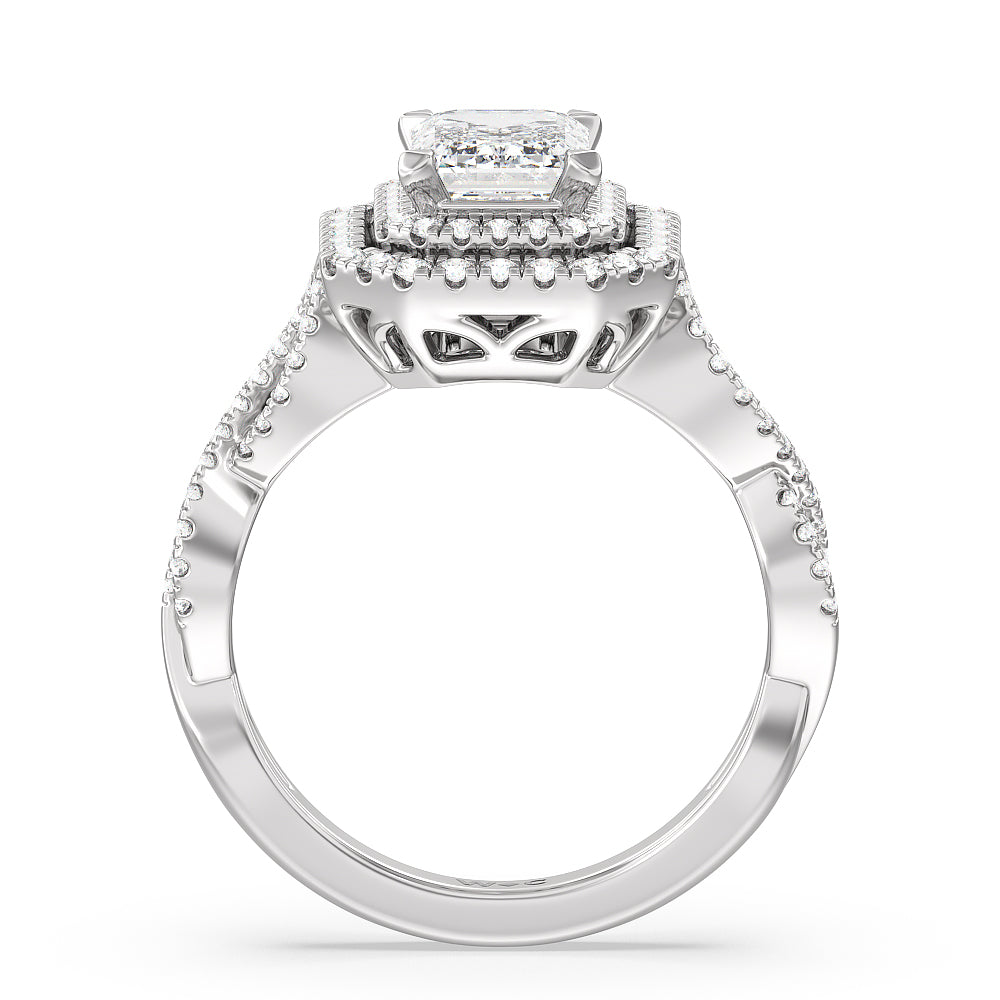 Double Halo Cross Engagement Ring with Emerald Cut Diamond in 14KT Platinum view 2
