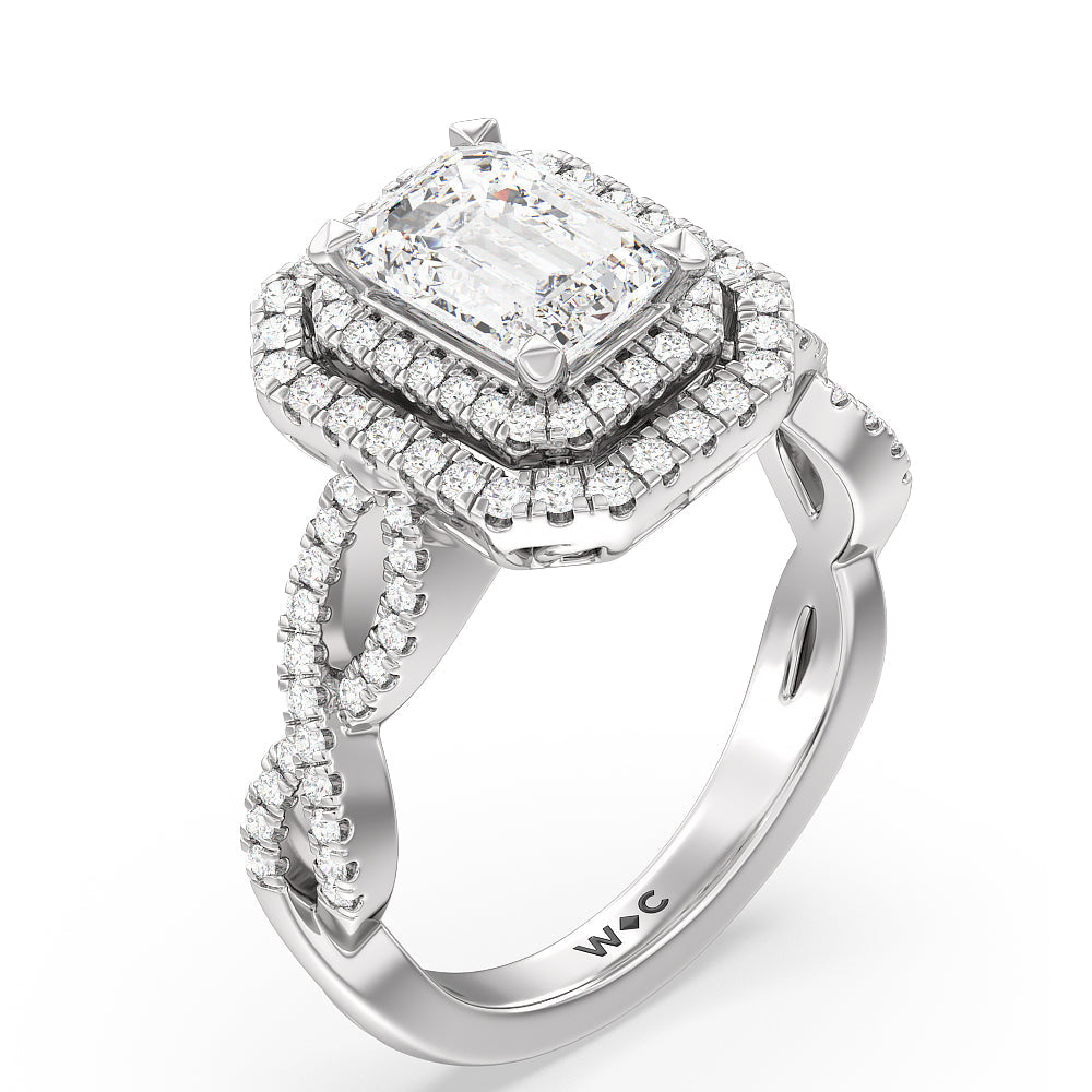 Double Halo Cross Engagement Ring with Emerald Cut Diamond in 14KT Platinum view 3
