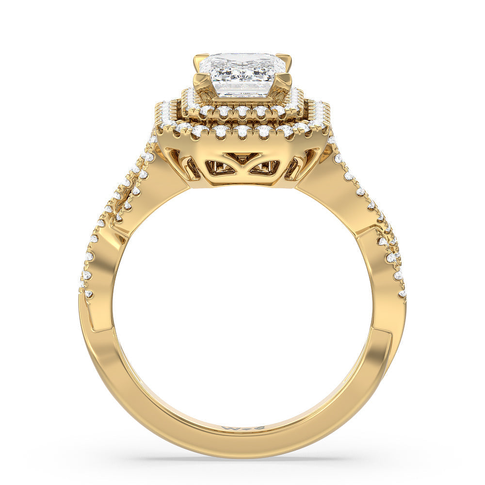 Double Halo Cross Engagement Ring with Emerald Cut Diamond in 14KT Yellow Gold view 2
