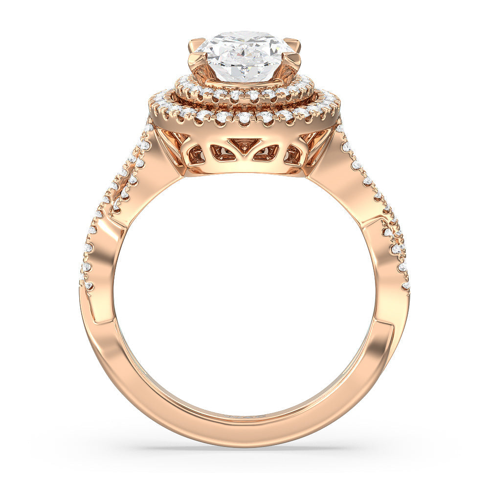 Double Halo Cross Engagement Ring with Oval Cut Diamond in 14KT Rose Gold view 2

