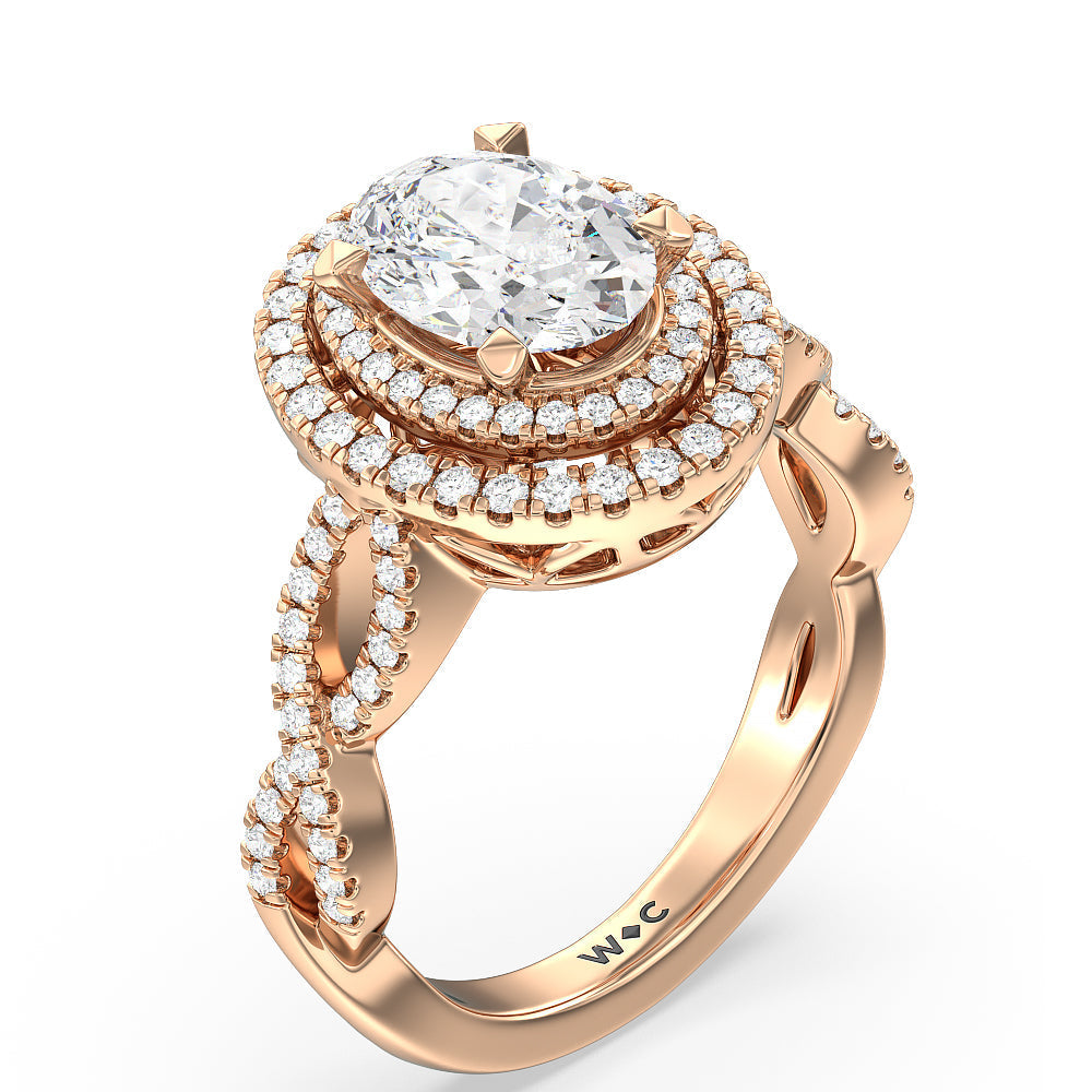 Double Halo Cross Engagement Ring with Oval Cut Diamond in 14KT Rose Gold view 3
