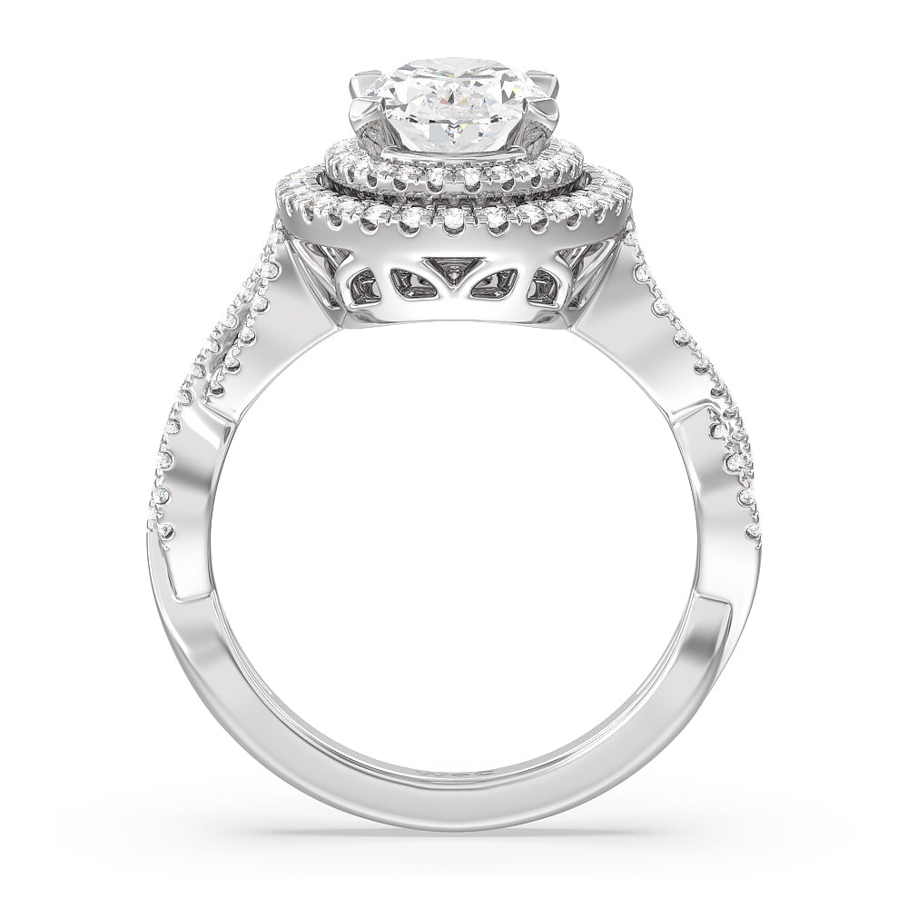 Double Halo Cross Engagement Ring with Oval Cut Diamond in 14KT Platinum view 2
