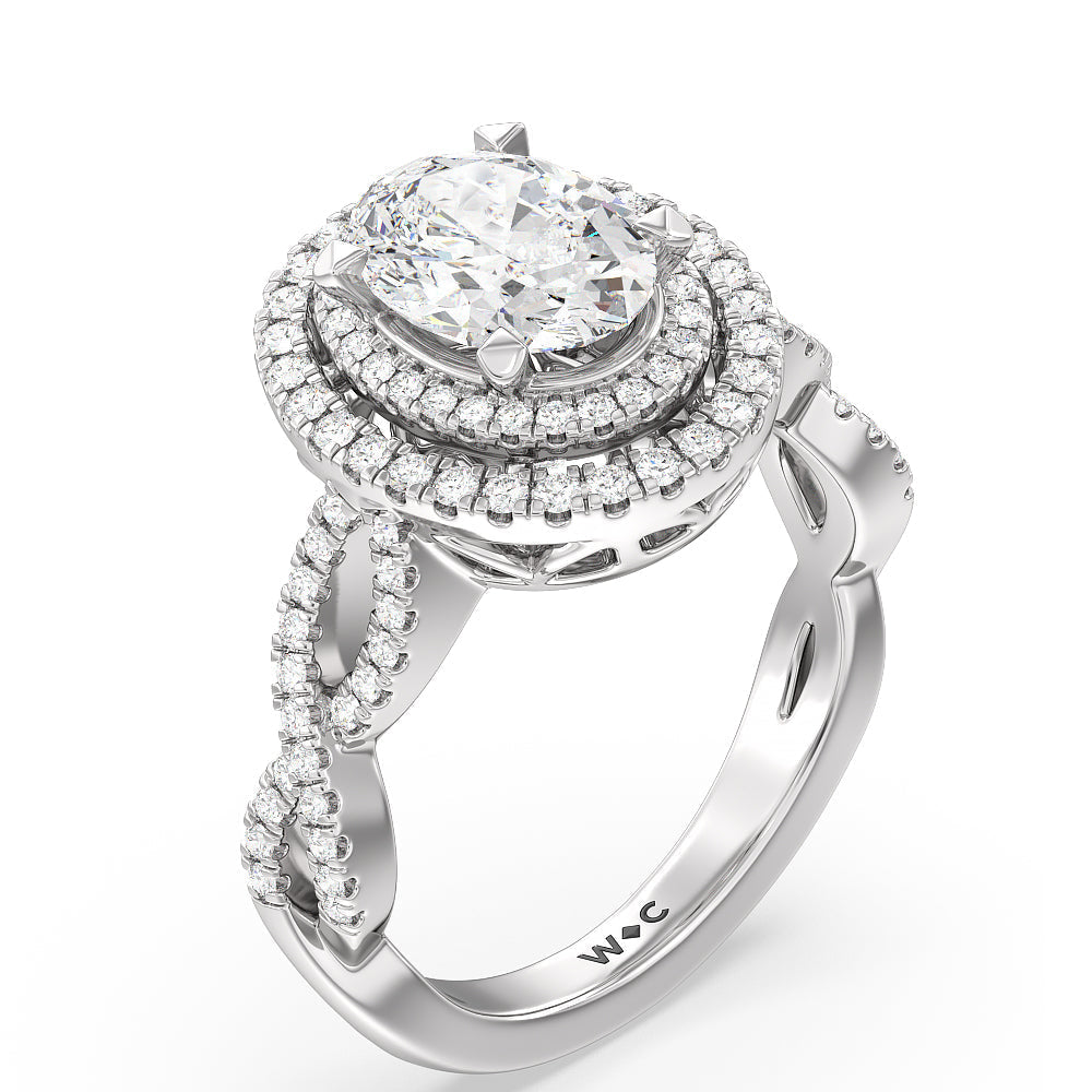 Double Halo Cross Engagement Ring with Oval Cut Diamond in 14KT Platinum view 3
