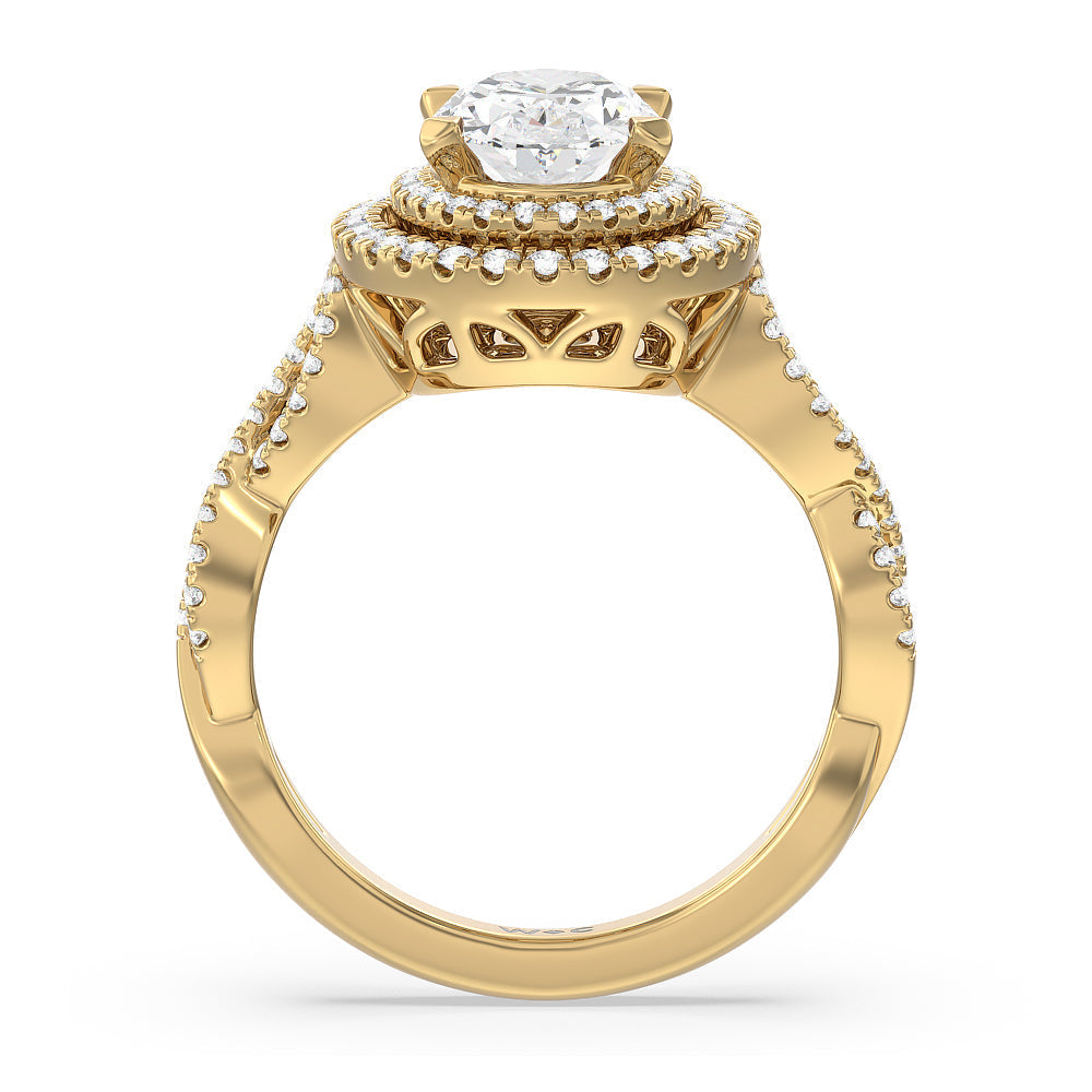 Double Halo Cross Engagement Ring with Oval Cut Diamond in 14KT Yellow Gold view 2
