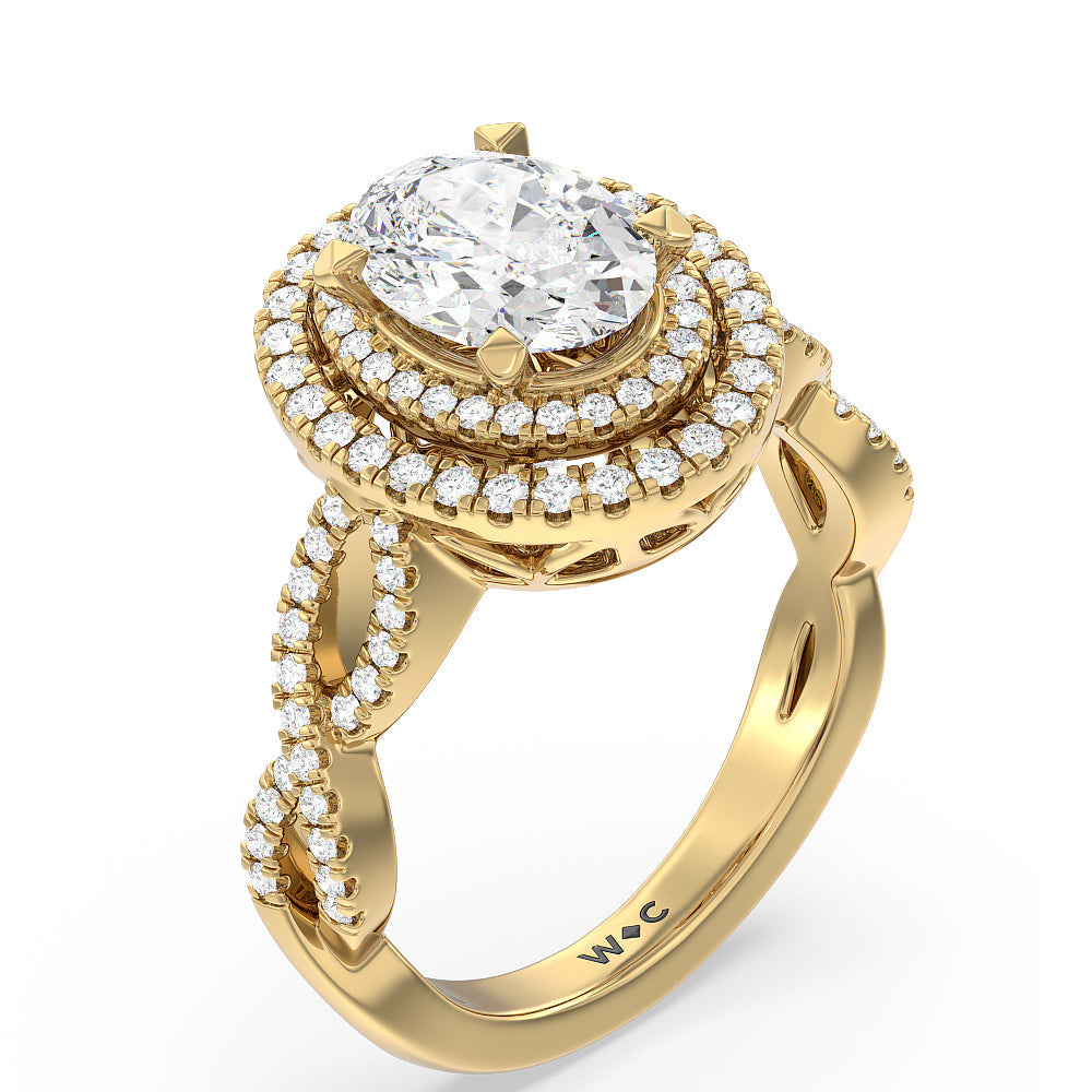 Double Halo Cross Engagement Ring with Oval Cut Diamond in 14KT Yellow Gold view 3
