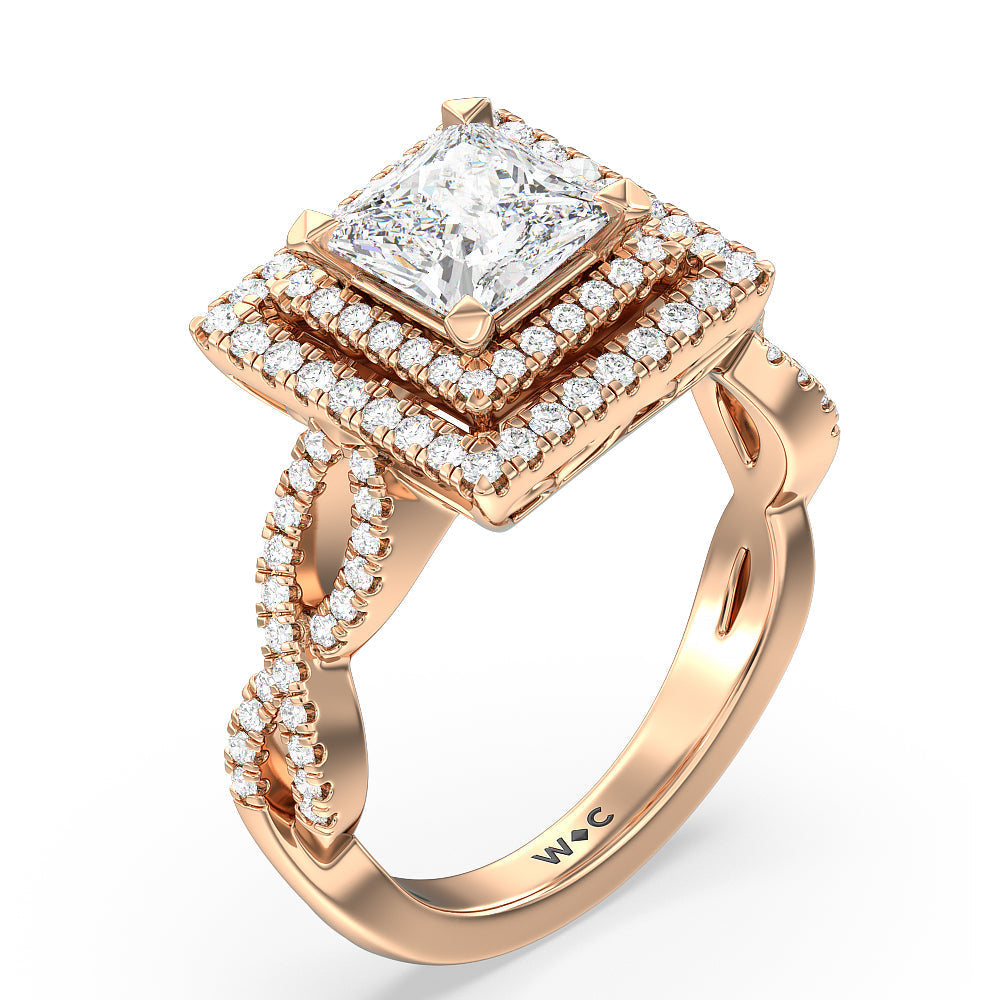 Double Halo Cross Engagement Ring with Princess Cut Diamond in 14KT Rose Gold view 3
