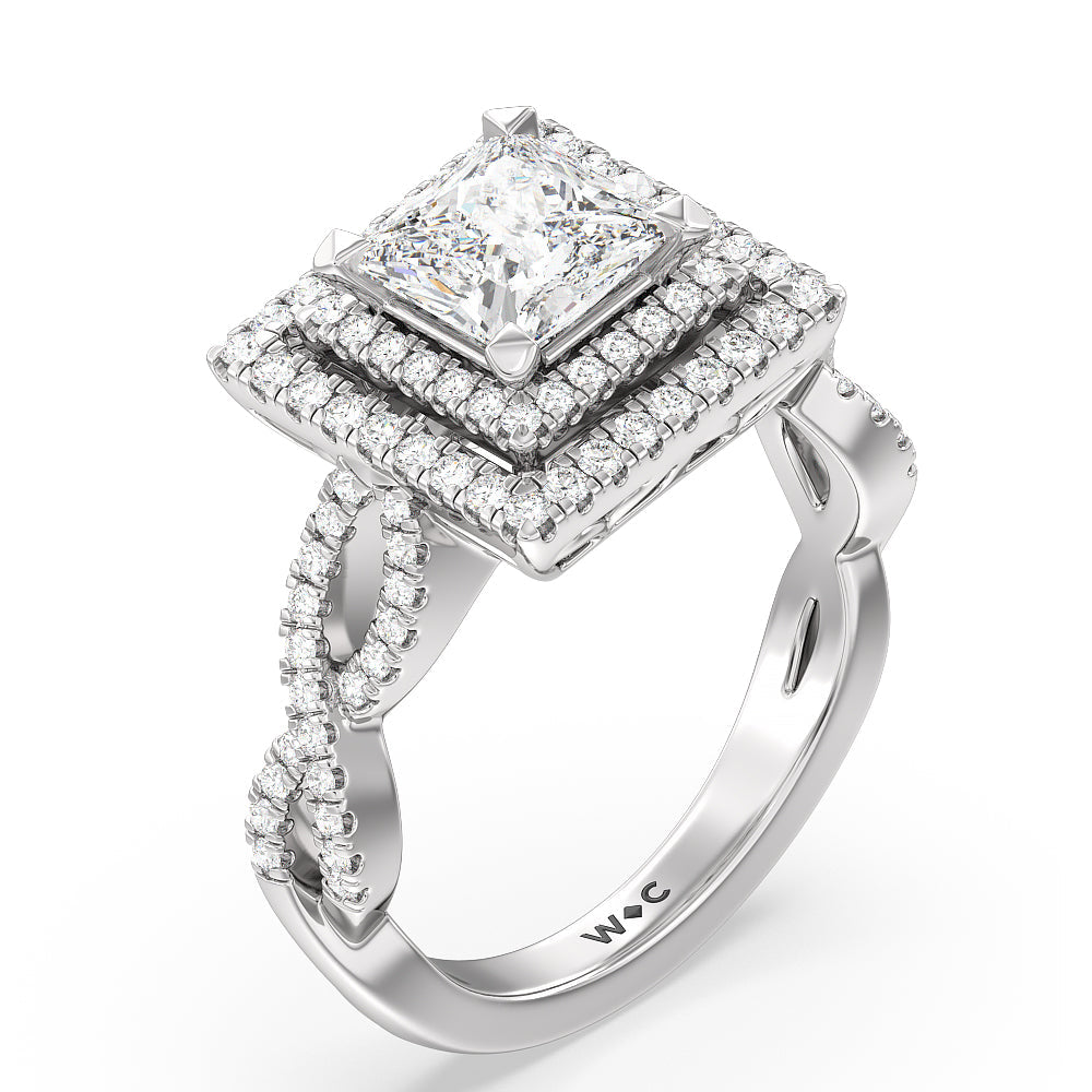 Double Halo Cross Engagement Ring with Princess Cut Diamond in 14KT Platinum view 3
