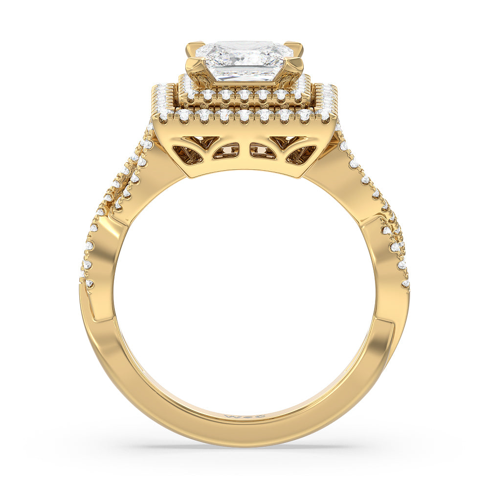 Double Halo Cross Engagement Ring with Princess Cut Diamond in 14KT Yellow Gold view 2
