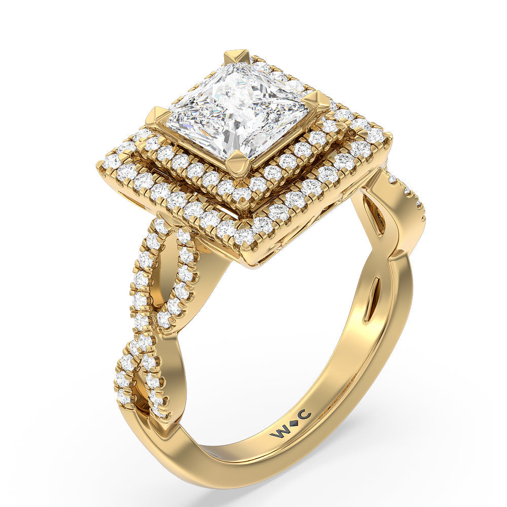 Double Halo Cross Engagement Ring with Princess Cut Diamond in 14KT Yellow Gold view 3
