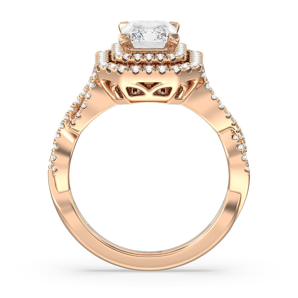 Double Halo Cross Engagement Ring with Radiant Cut Diamond in 14KT Rose Gold view 2
