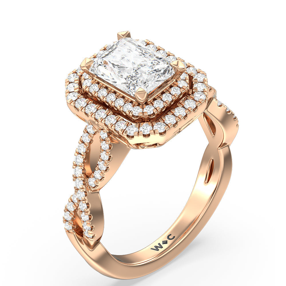 Double Halo Cross Engagement Ring with Radiant Cut Diamond in 14KT Rose Gold view 3
