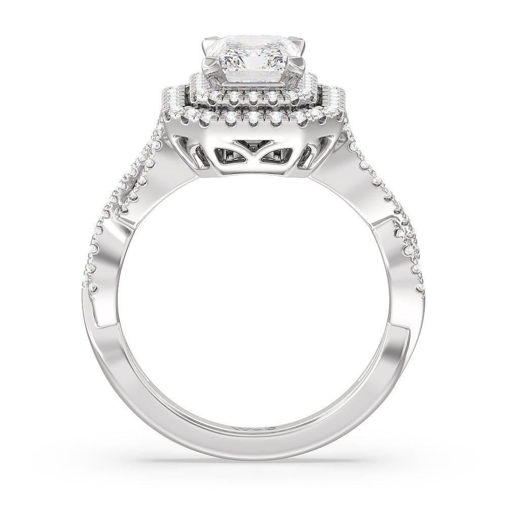 Double Halo Cross Engagement Ring with Radiant Cut Diamond in 14KT Platinum view 2
