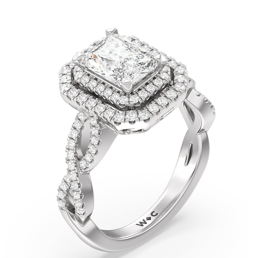 Double Halo Cross Engagement Ring with Radiant Cut Diamond in 14KT Platinum view 3
