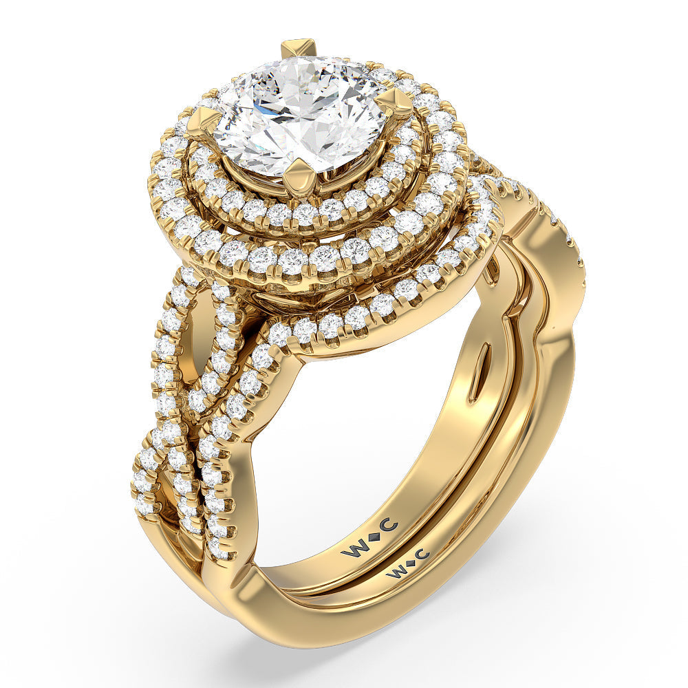 Double Halo Cross Engagement Ring with Radiant Cut Diamond in 14KT Yellow Gold view 4
