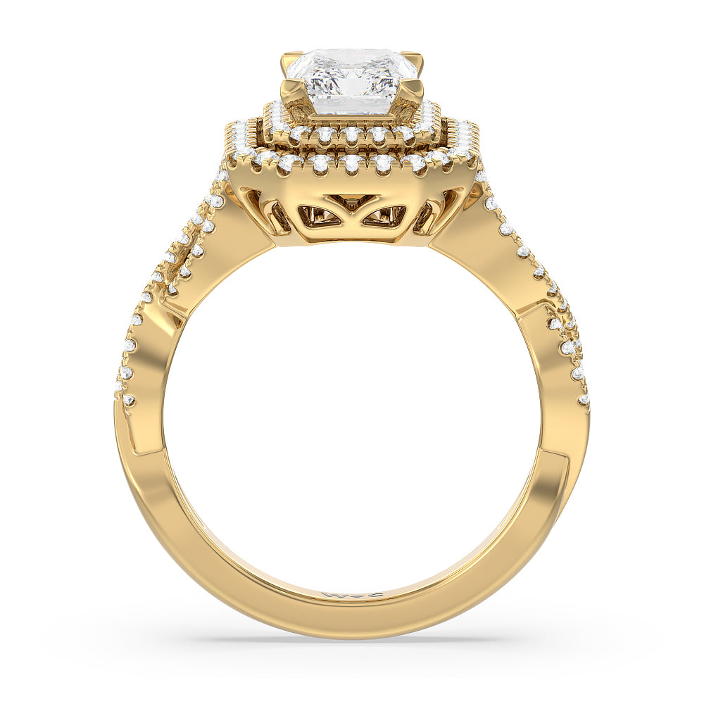 Double Halo Cross Engagement Ring with Radiant Cut Diamond in 14KT Yellow Gold view 2

