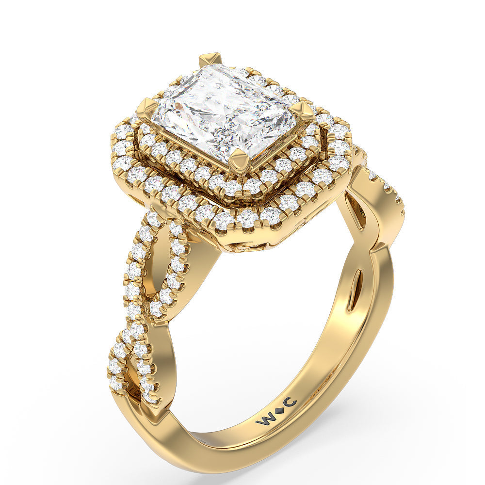 Double Halo Cross Engagement Ring with Radiant Cut Diamond in 14KT Yellow Gold view 3
