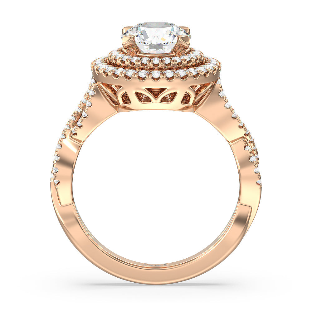 Double Halo Cross Engagement Ring with Round Cut Diamond in 14KT Rose Gold view 2
