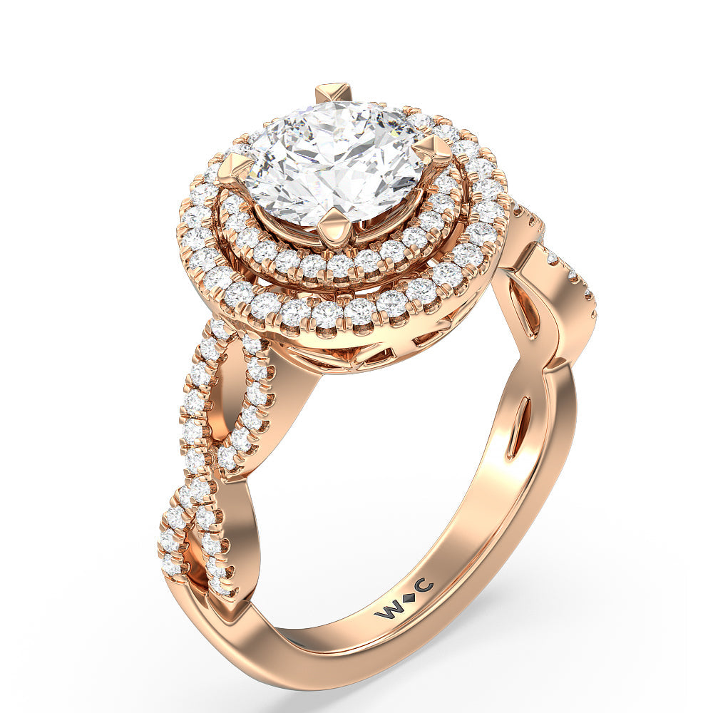 Double Halo Cross Engagement Ring with Round Cut Diamond in 14KT Rose Gold view 3
