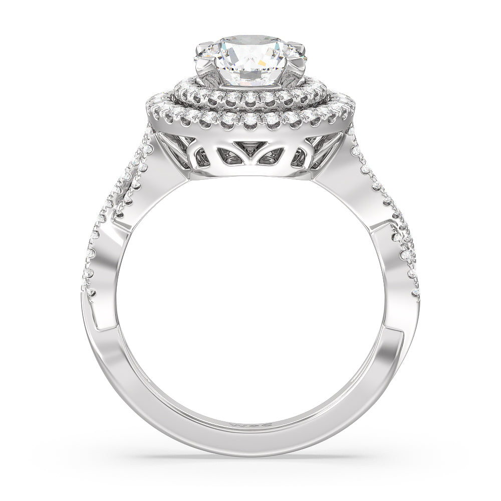Double Halo Cross Engagement Ring with Round Cut Diamond in 14KT Platinum view 2
