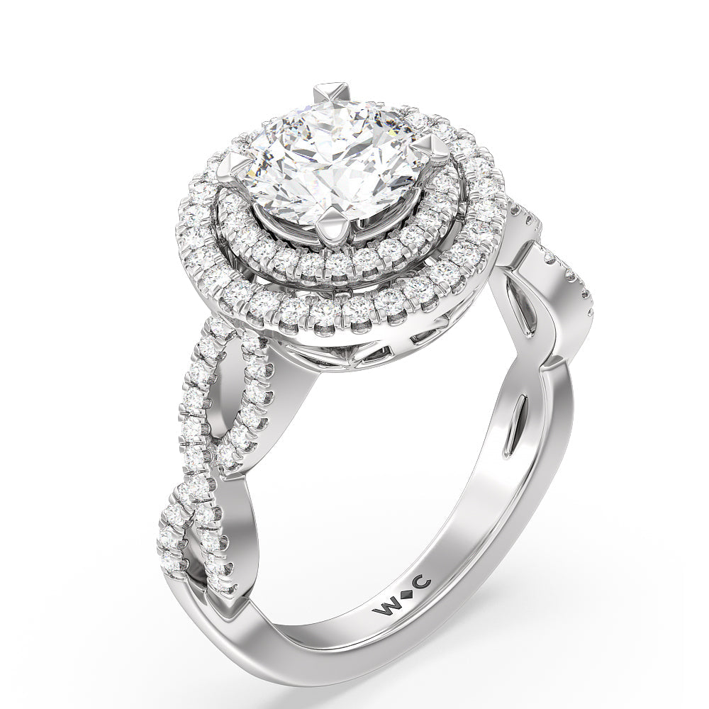 Double Halo Cross Engagement Ring with Round Cut Diamond in 14KT Platinum view 3
