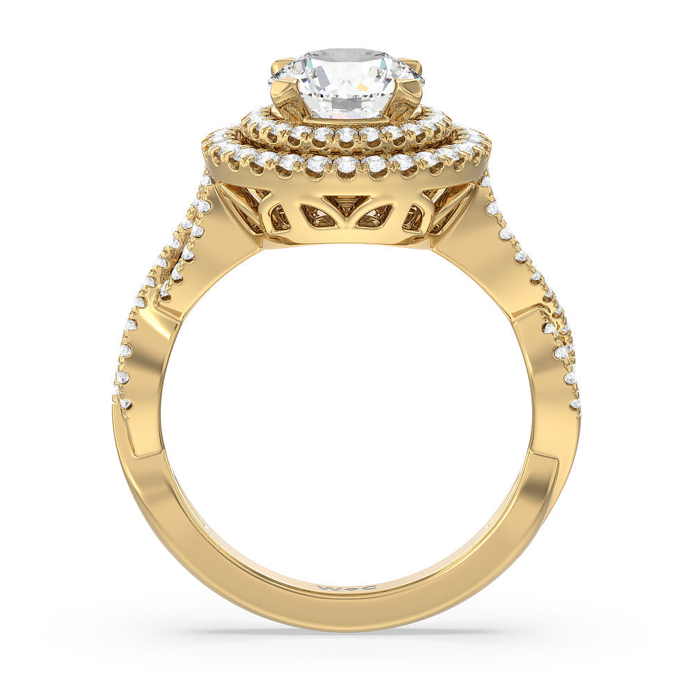 Double Halo Cross Engagement Ring with Round Cut Diamond in 14KT Yellow Gold view 2
