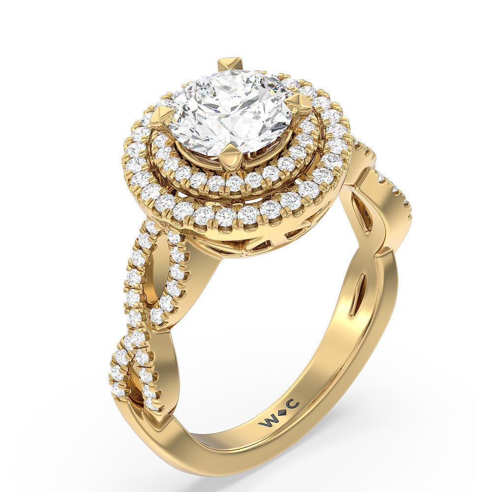Double Halo Cross Engagement Ring with Round Cut Diamond in 14KT Yellow Gold view 3
