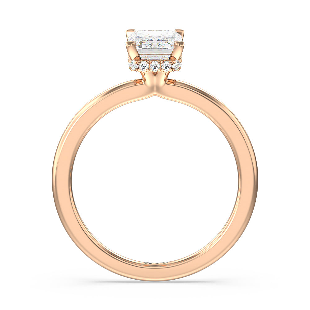 Petite Modern Fine Line High Hidden Halo Solitaire Ring with Emerald Cut Diamond in 14KT Rose Gold view 2
