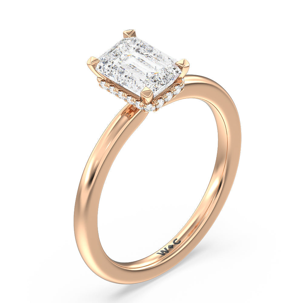 Petite Modern Fine Line High Hidden Halo Solitaire Ring with Emerald Cut Diamond in 14KT Rose Gold view 3
