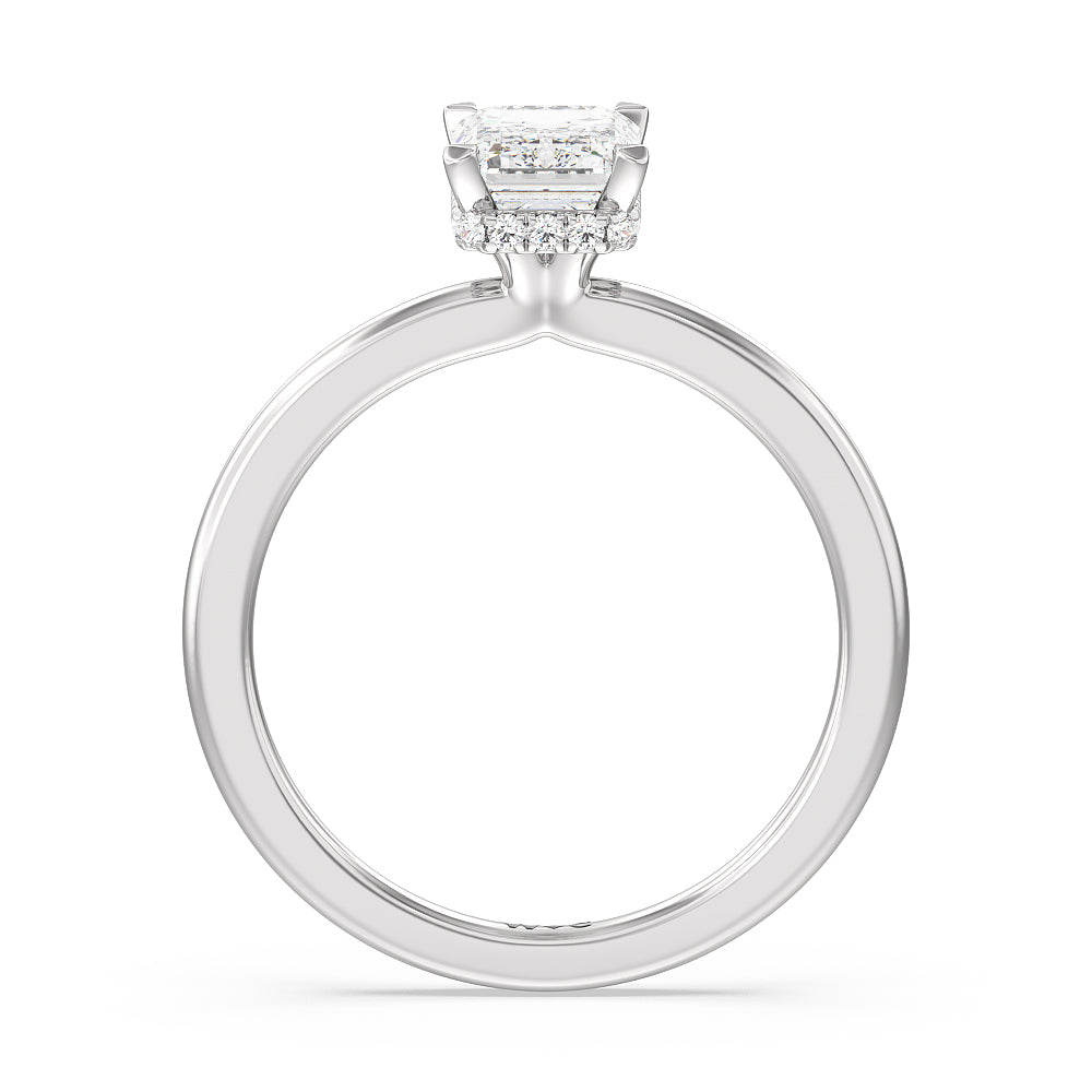 Petite Modern Fine Line High Hidden Halo Solitaire Ring with Emerald Cut Diamond in 14KT Platinum view 2
