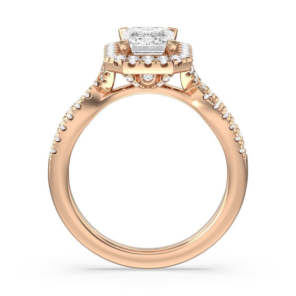 Emerald Cut Twisted Shank Halo Engagement Ring with Lab Grown Diamond in 14KT Rose Gold view 2
