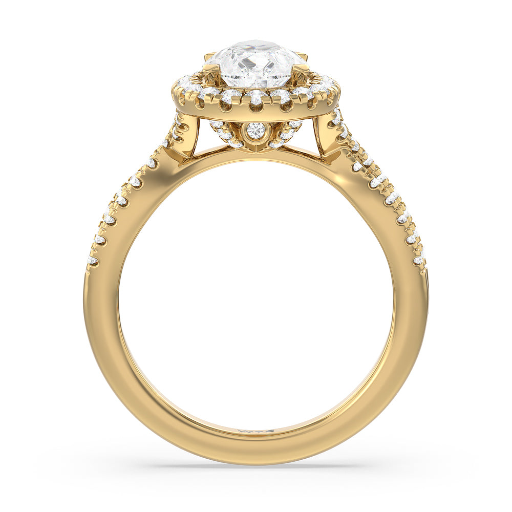 Pear Cut Twisted Shank Halo Engagement Ring with Lab Grown Diamond in 14KT Yellow Gold view 2
