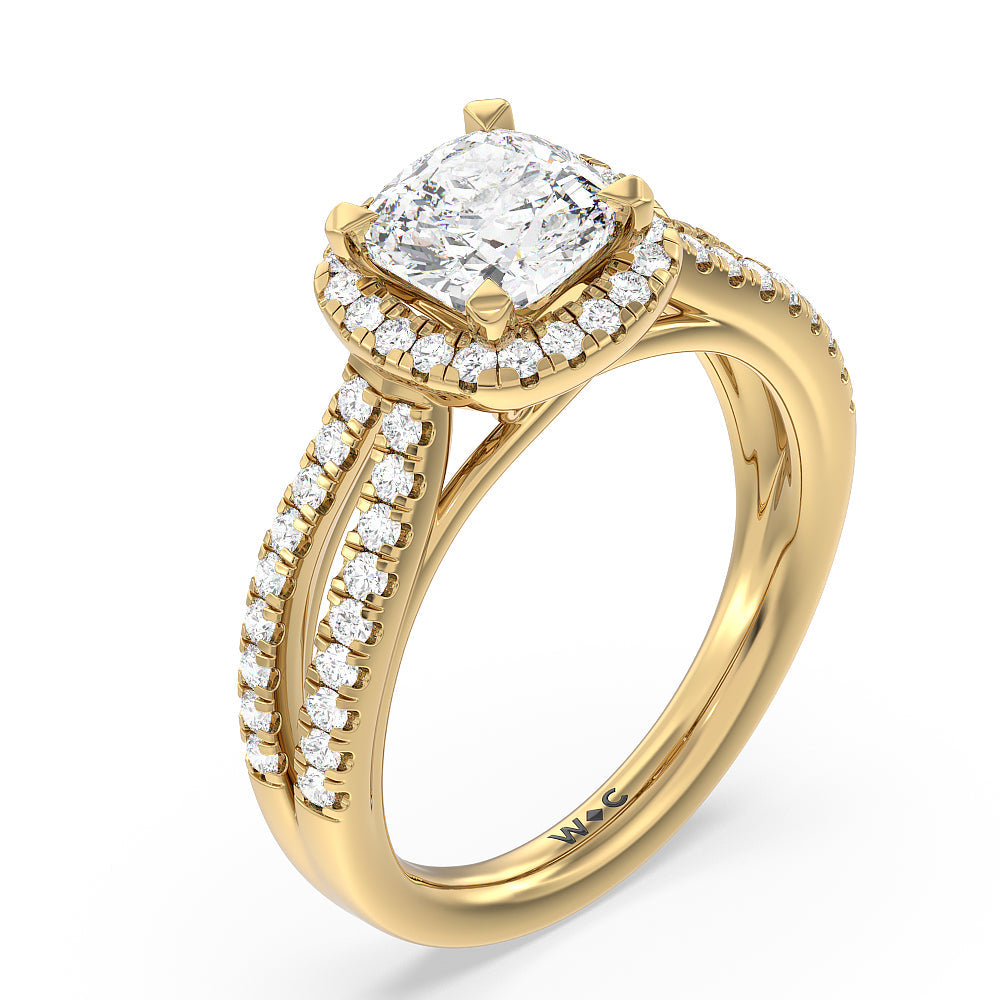 Split Pave Shank Halo Engagement Ring with Cushion Cut Diamond in 14KT Yellow Gold view 3
