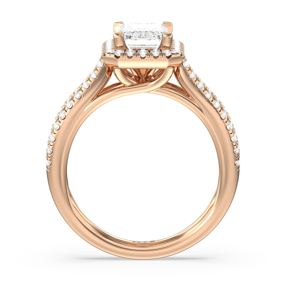 Split Pave Shank Halo Engagement Ring with Emerald Cut Diamond in 14KT Rose Gold view 2
