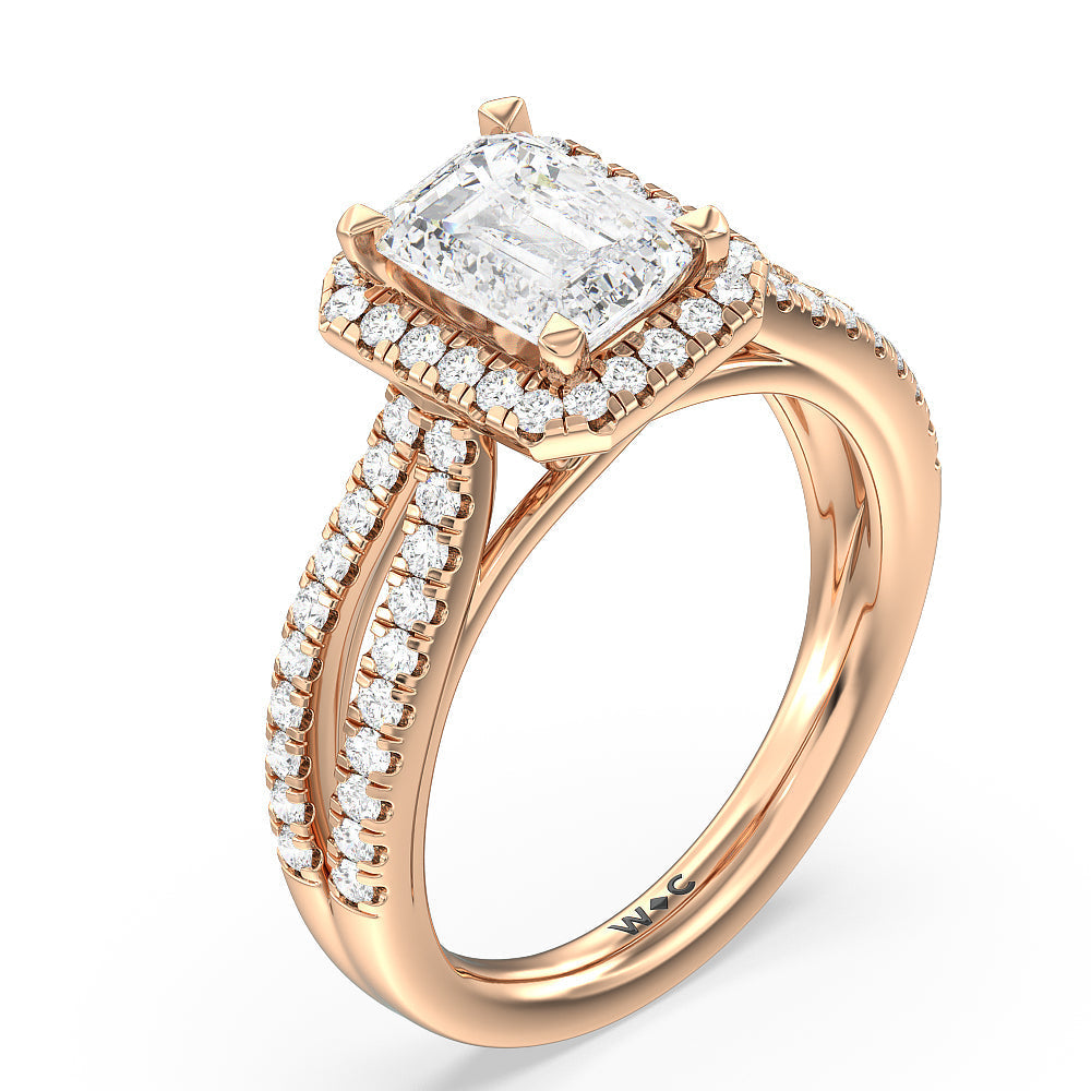 Split Pave Shank Halo Engagement Ring with Emerald Cut Diamond in 14KT Rose Gold view 3
