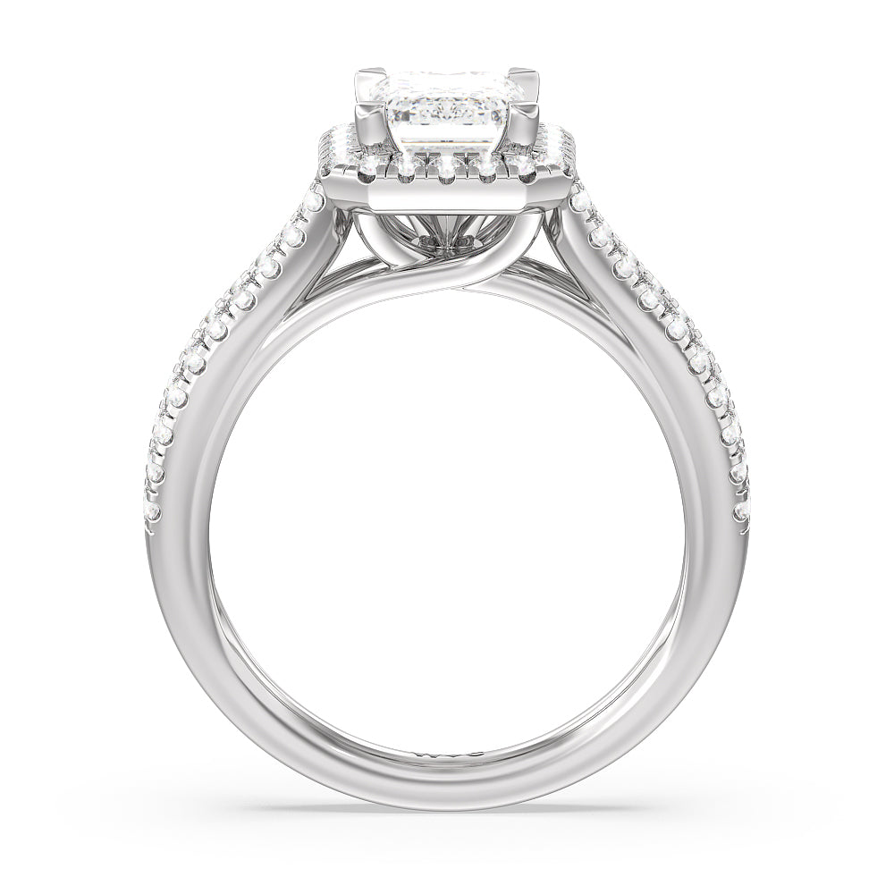 Split Pave Shank Halo Engagement Ring with Emerald Cut Diamond in 14KT Platinum view 2
