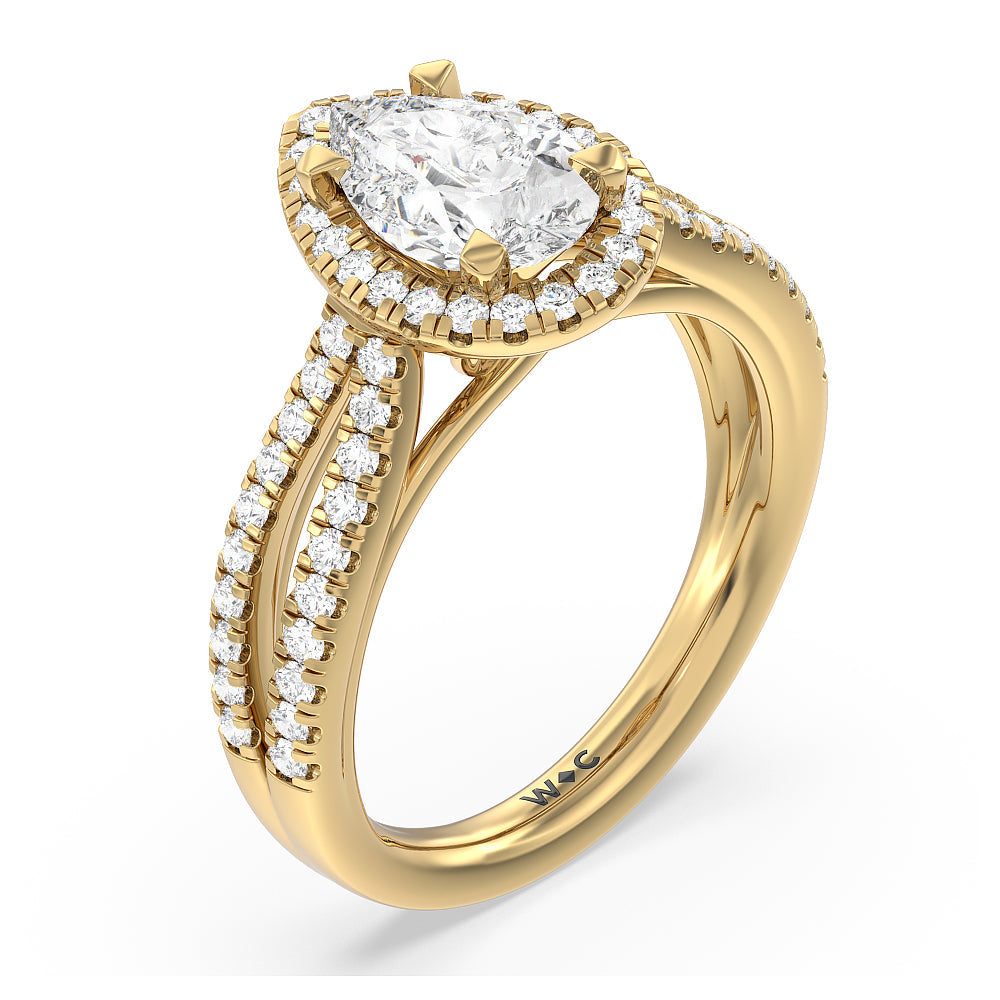 Split Pave Shank Halo Engagement Ring with Pear Cut Diamond in 14KT Yellow Gold view 3
