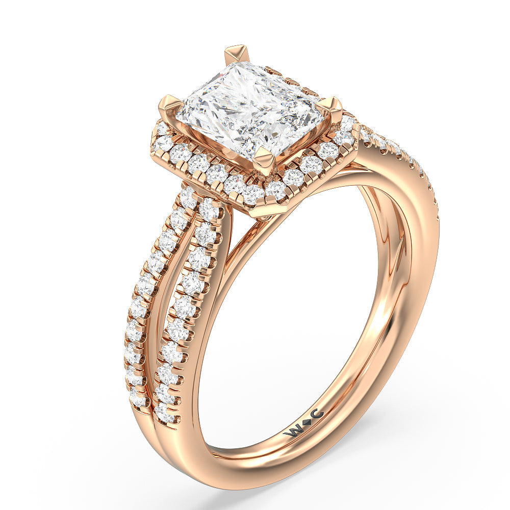 Split Pave Shank Halo Engagement Ring with Radiant Cut Diamond in 14KT Rose Gold view 3
