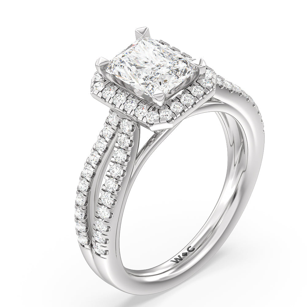 Split Pave Shank Halo Engagement Ring with Radiant Cut Diamond in 14KT Platinum view 3
