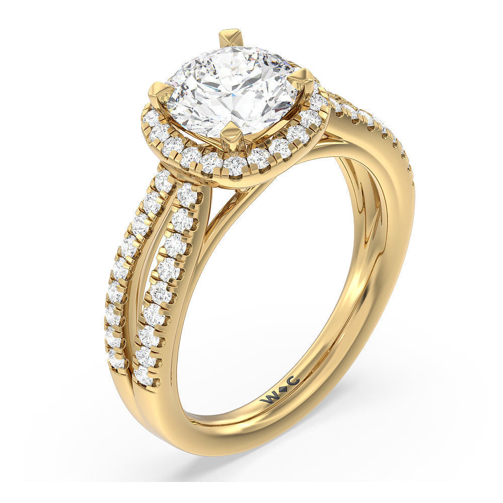 Split Pave Shank Halo Engagement Ring with Round Cut Diamond in 14KT Yellow Gold view 3
