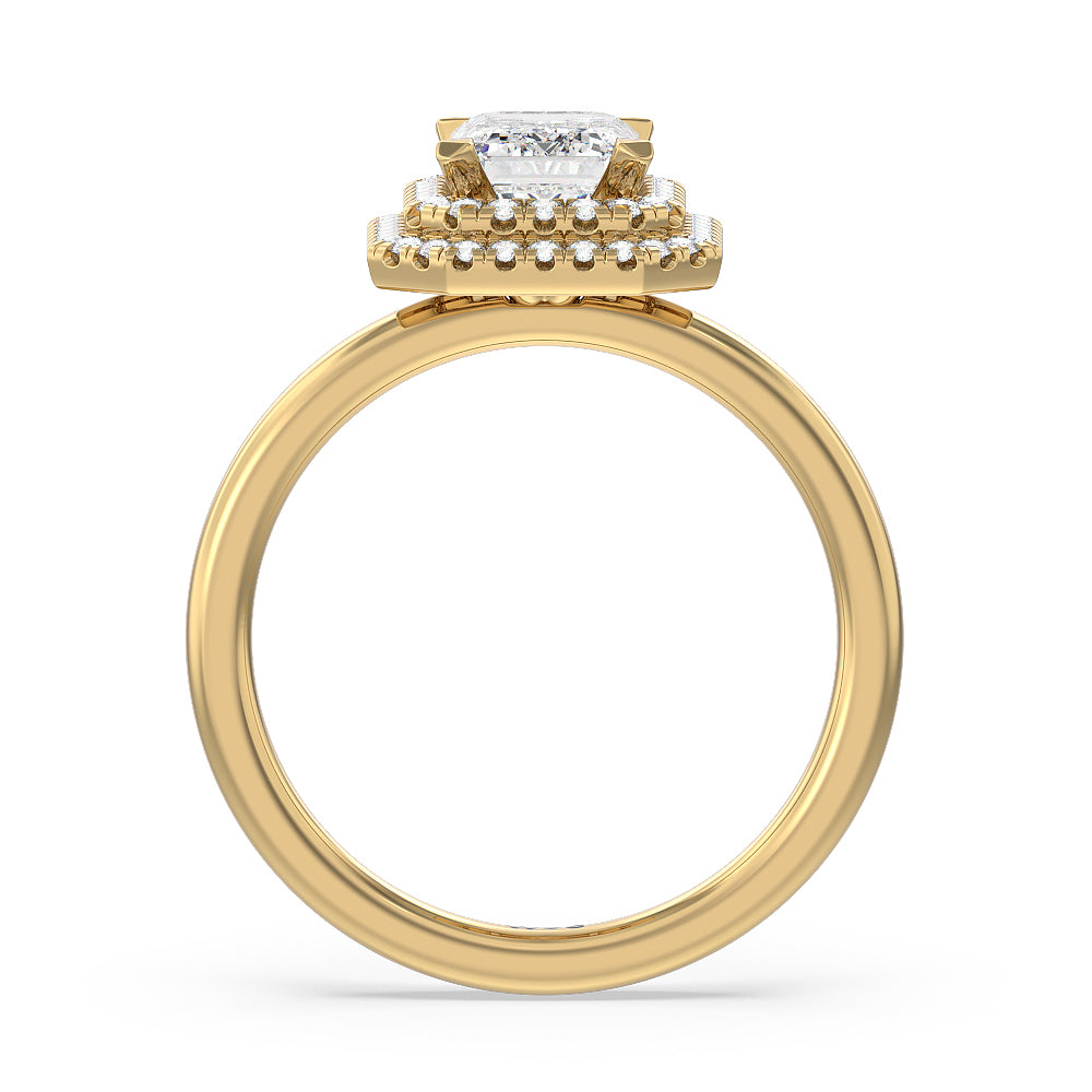 Saturn Double Halo Engagement Ring with Emerald Cut Diamond in 14KT Yellow Gold view 2
