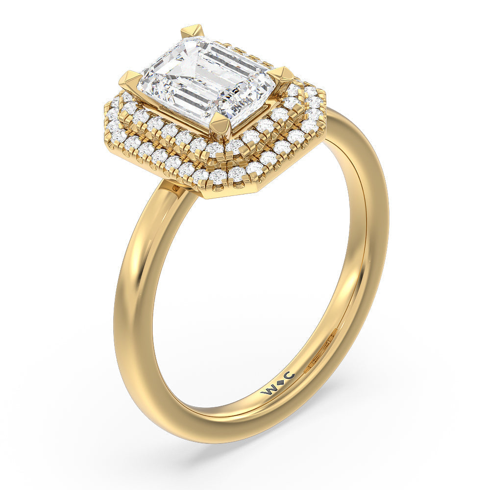 Saturn Double Halo Engagement Ring with Emerald Cut Diamond in 14KT Yellow Gold view 3
