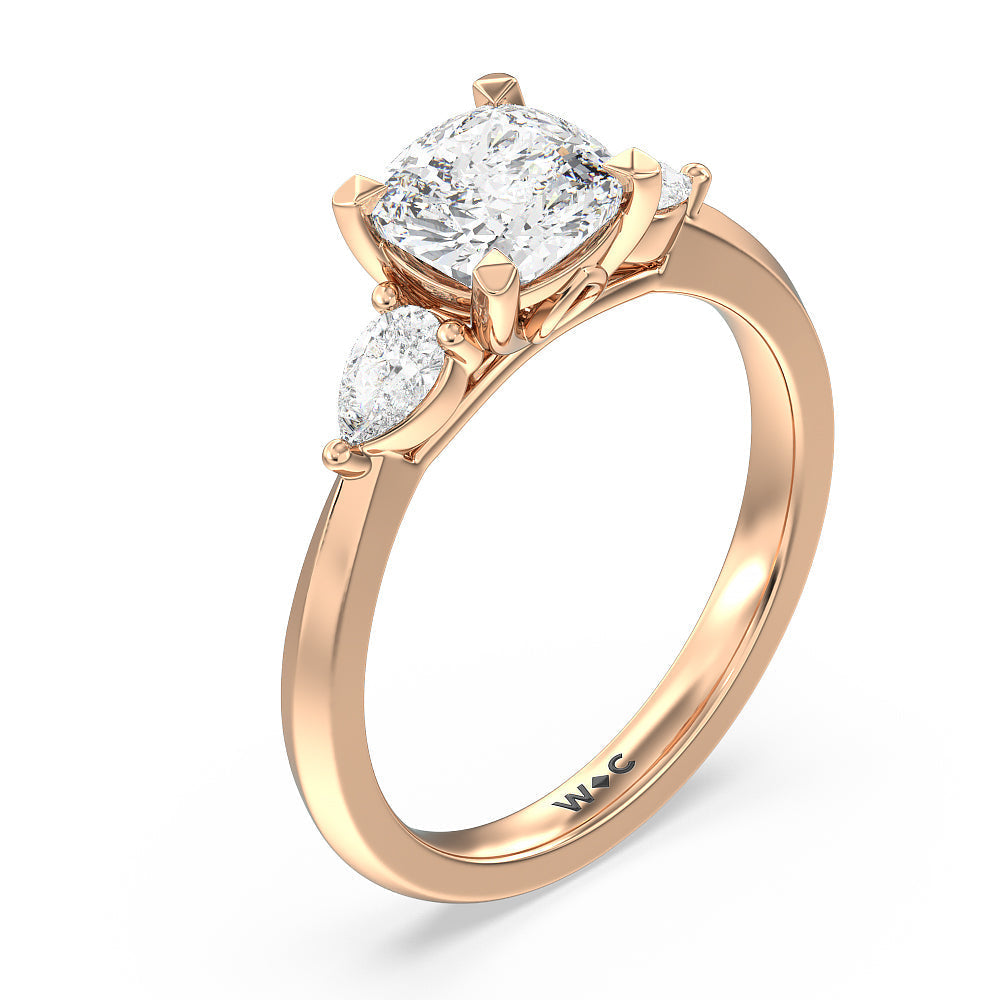 Cushion Cut Elegant Three Stone Knife Edge Engagement Ring with Lab Grown Diamond in 14KT Rose Gold view 3
