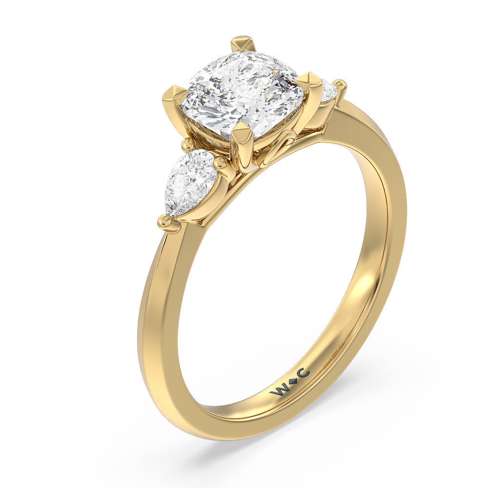 Cushion Cut Elegant Three Stone Knife Edge Engagement Ring with Lab Grown Diamond in 14KT Yellow Gold view 3
