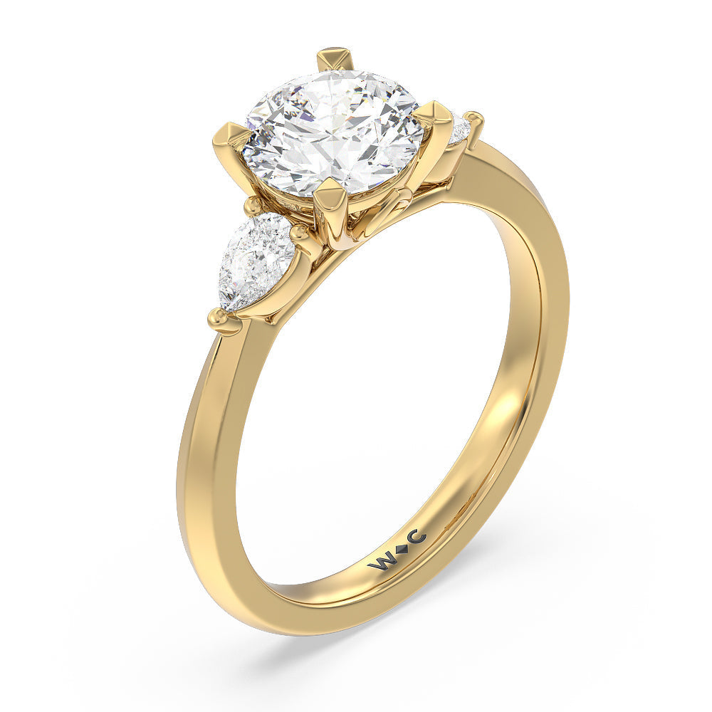 Round Cut Elegant Three Stone Knife Edge Engagement Ring with Lab Grown Diamond in 14KT Yellow Gold view 3
