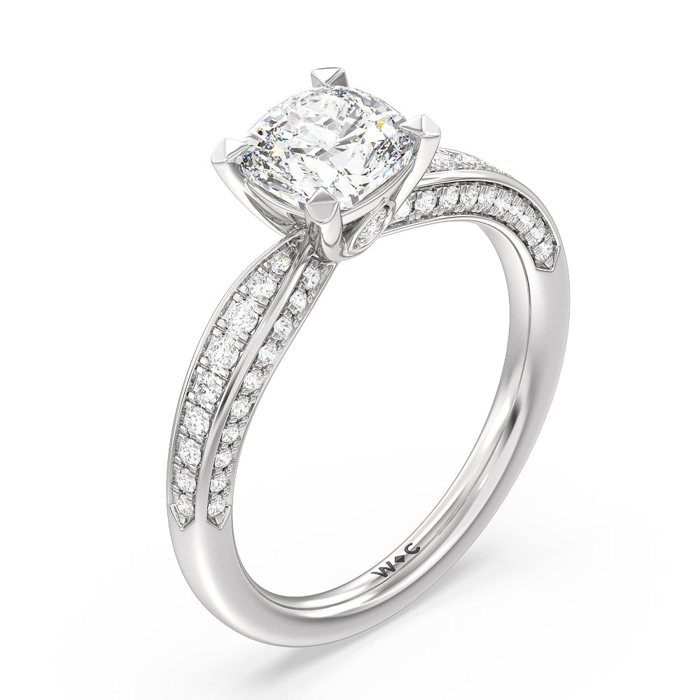 Aura Hidden Accent Pinched Shank Engagement Ring with Cushion Cut Diamond in 14KT Platinum view 3
