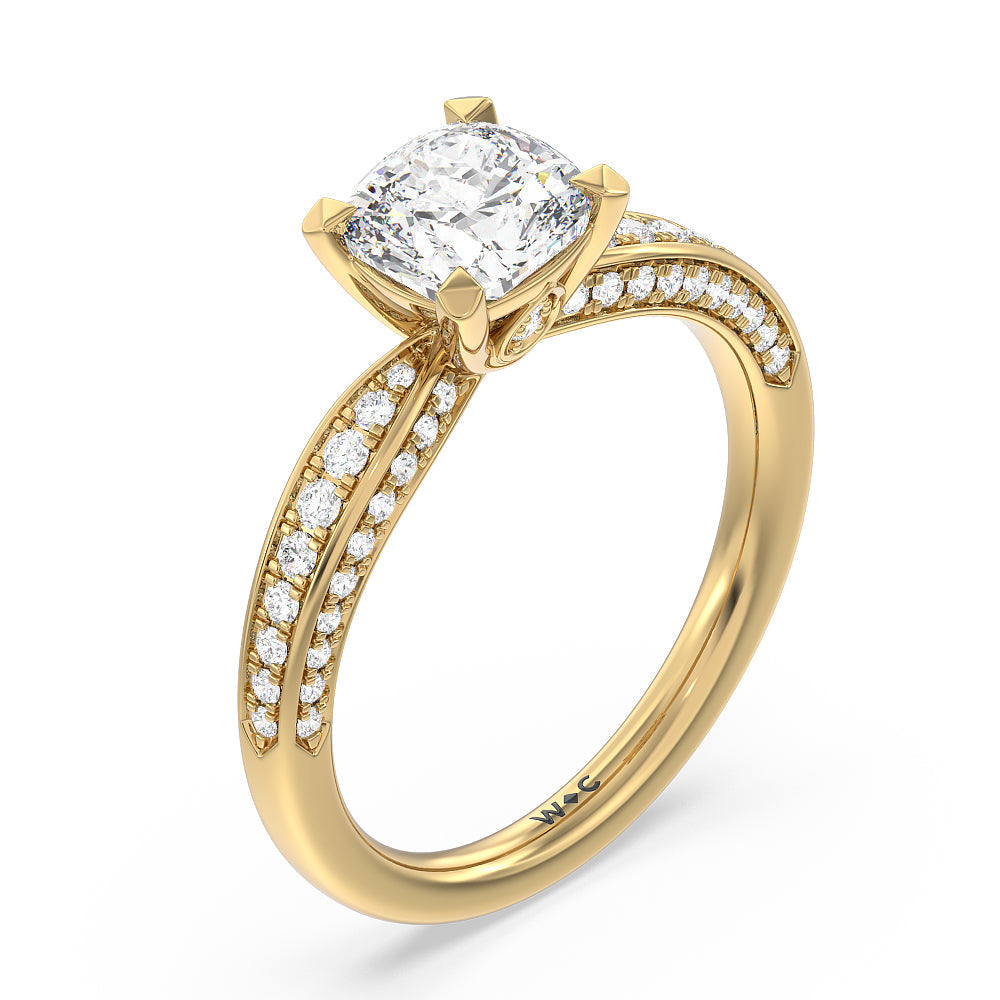 Aura Hidden Accent Pinched Shank Engagement Ring with Cushion Cut Diamond in 14KT Yellow Gold view 3
