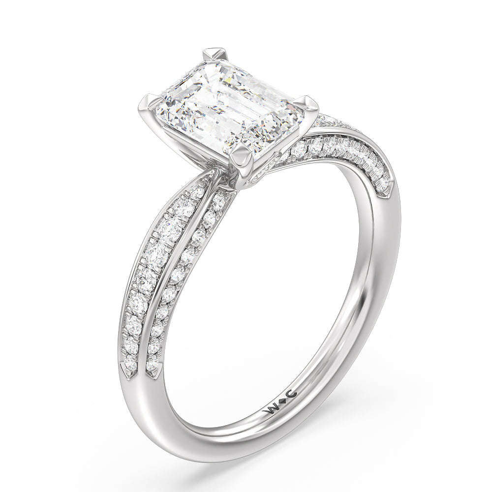 Aura Hidden Accent Pinched Shank Engagement Ring with Emerald Cut Diamond in 14KT Platinum view 3
