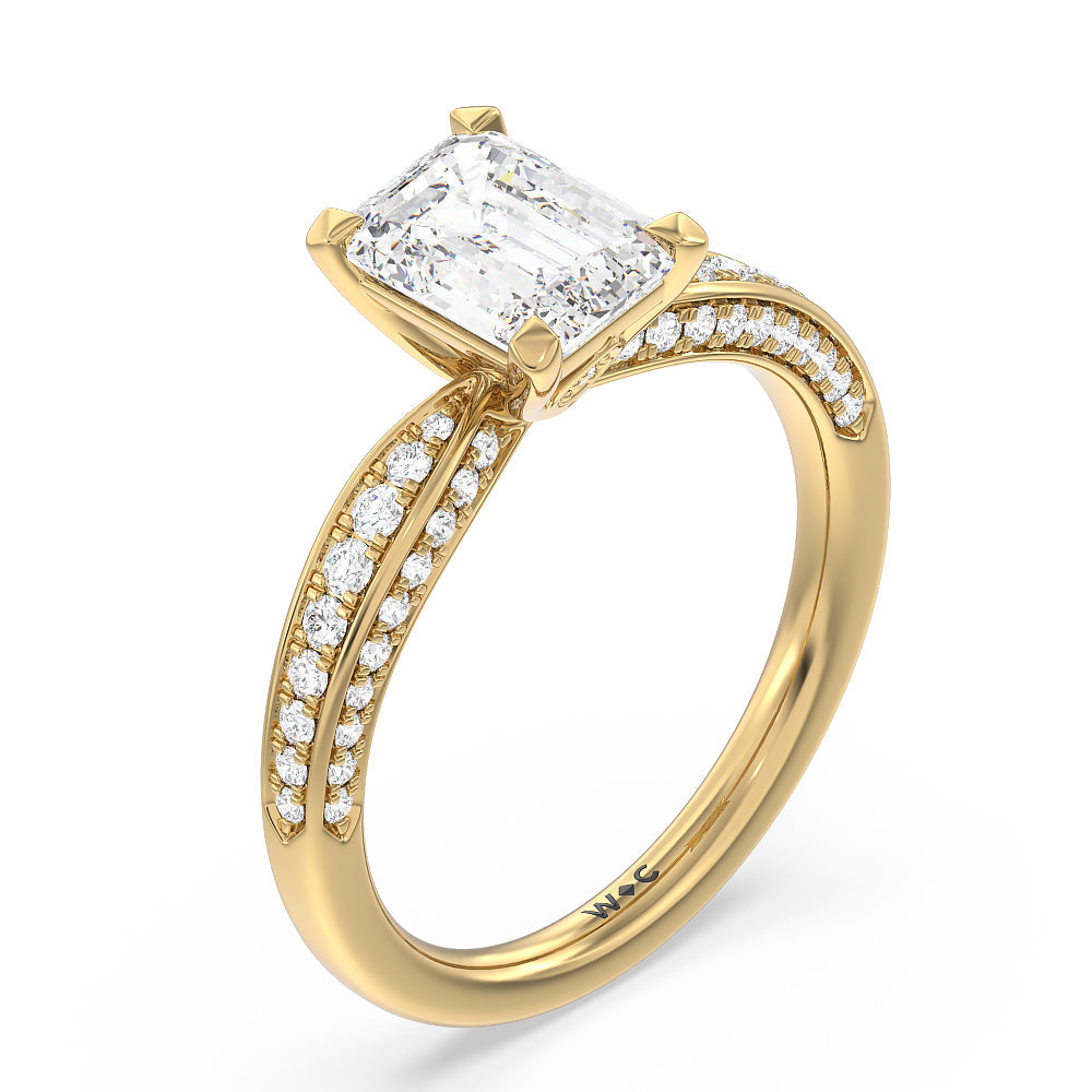 Aura Hidden Accent Pinched Shank Engagement Ring with Emerald Cut Diamond in 14KT Yellow Gold view 3
